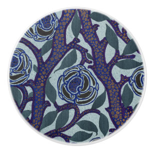Bouton De Porte En Céramique Décor floral Art déco rose en bleu royal et or