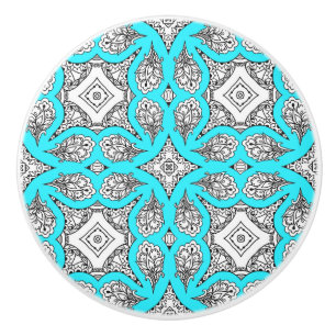 Bouton De Porte En Céramique Décoratif noir et bleu Aqua Mandala