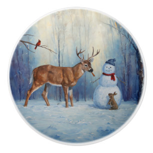 Bouton De Porte En Céramique Deer et Happy Snowman hiver de vacances scène