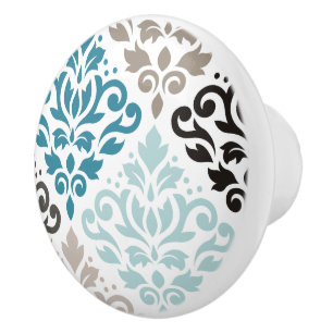 Bouton De Porte En Céramique Défiler Damask Décaler Ptn Art Teals Browns Blanc