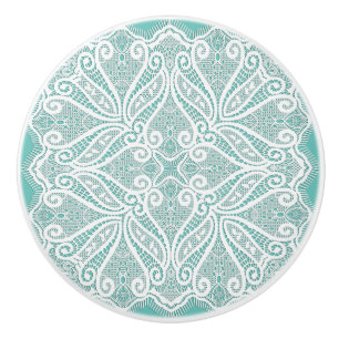 Bouton De Porte En Céramique Dentelle doily turquoise blanc vintage vieux mode