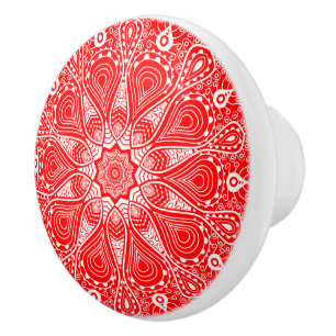 Bouton De Porte En Céramique Dentelle florale rouge et blanche rétro