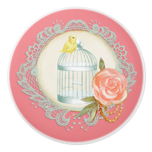 Bouton De Porte En Céramique Dentelle victorienne Roses Gold Birdcage Canary Kn