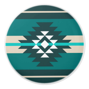 Bouton De Porte En Céramique Design aztèque en couleur turquoise