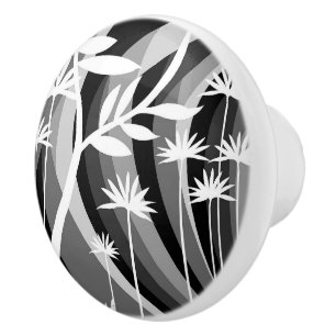 Bouton De Porte En Céramique Design botanique noir et blanc