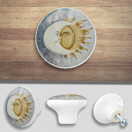 Bouton De Porte En Céramique Design céleste du soleil et de la lune