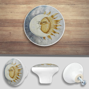 Bouton De Porte En Céramique Design céleste du soleil et de la lune