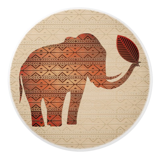 Bouton De Porte En Céramique Design d'art tribal des éléphants (Devant)