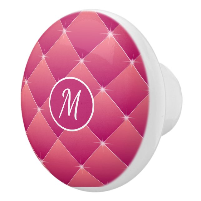 Bouton De Porte En Céramique Design élégant Tuft rose avec Monogramme de diaman (Droite)