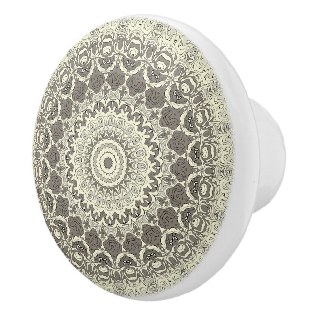 Bouton De Porte En Céramique Design Motif en mandala beige et taupe (Droite)