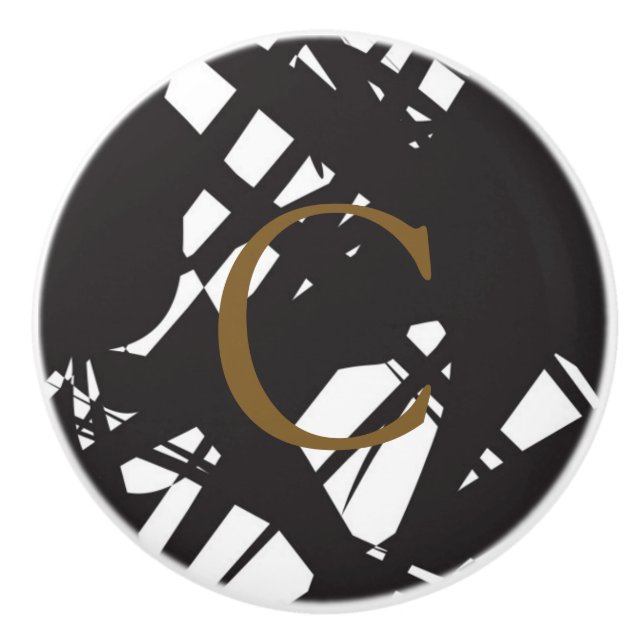 Bouton De Porte En Céramique Designer Abstrait Noir & Blanc Moderne Glamor (Devant)