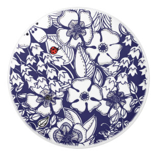 Bouton De Porte En Céramique Dessin de jardin blanc bleu Shalom