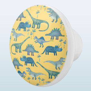 Bouton De Porte En Céramique Dinosaur amusant Motif bleu Jaune