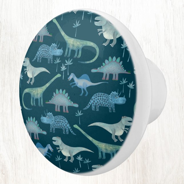 Bouton De Porte En Céramique Dinosaur amusant Motif Bleu Turquoise Vert (Fun dinosaur ceramic door pull or knob)