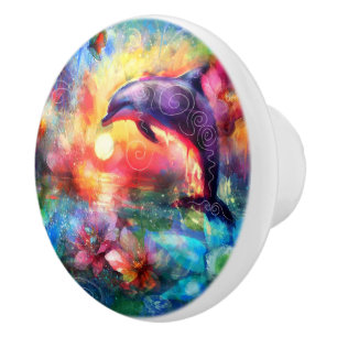 Bouton De Porte En Céramique Dolphin lunaire Côtier Nautique Floral Turquoise