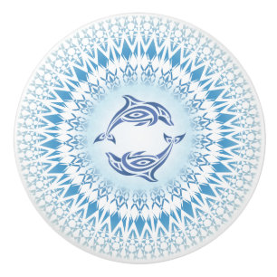 Bouton De Porte En Céramique Dolphins Mandala Bleu Blanc Nautique