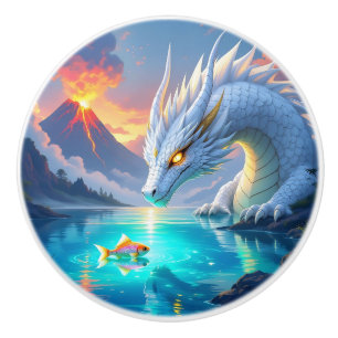 Bouton De Porte En Céramique Dragon blanc surréaliste et poisson d'or