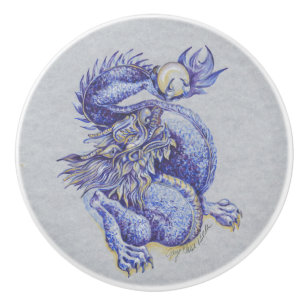 Bouton De Porte En Céramique Dragon bleu