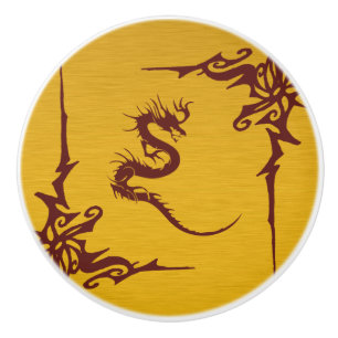 Bouton De Porte En Céramique Dragon chinois de mythologie, remous - rouge d'or