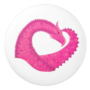Bouton De Porte En Céramique Dragon de coeur rose chaud sur blanc