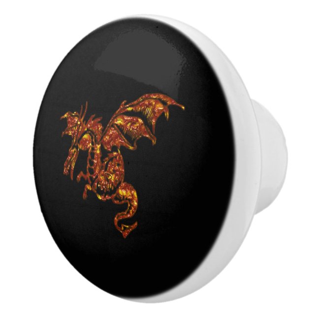 Bouton De Porte En Céramique Dragon flamboyant sur noir (Droite)