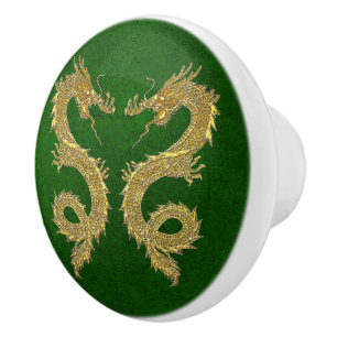 Bouton De Porte En Céramique Dragons élégants d'or sur le motif vert