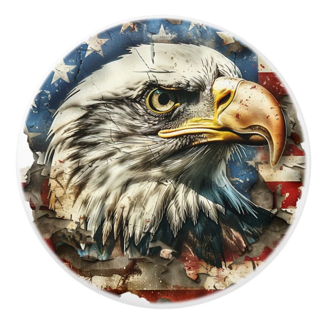 Bouton De Porte En Céramique Drapeau américain patriotique Aigle rustique (Devant)