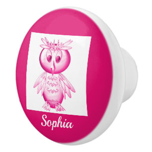 Bouton De Porte En Céramique Drôle Chouette rose Enfants personnalisés