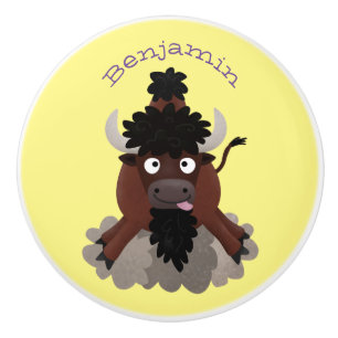 Bouton De Porte En Céramique Drôle dessin animé de bison de buffle