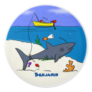 Bouton De Porte En Céramique Drôle requin couché et dessin animé de pêche