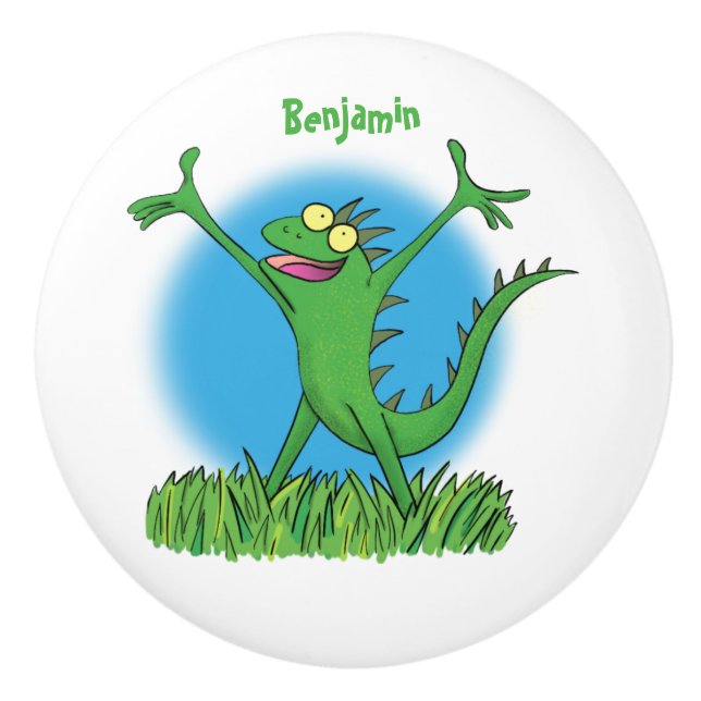 Bouton De Porte En Céramique Drôle vert souriant animé lézard d'iguane (Devant)