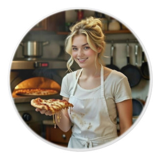 Bouton De Porte En Céramique Eating Pizza Photo Personalize Customize