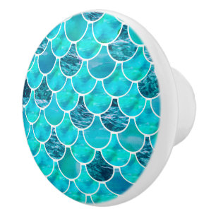 Bouton De Porte En Céramique Echelles de sirène bleu et blanc turquoise