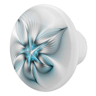 Bouton De Porte En Céramique Élégance florale Art moderne Abstrait bleu fractal