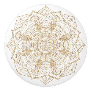 Bouton De Porte En Céramique Elégant blanc & or Mandala conception main dessiné