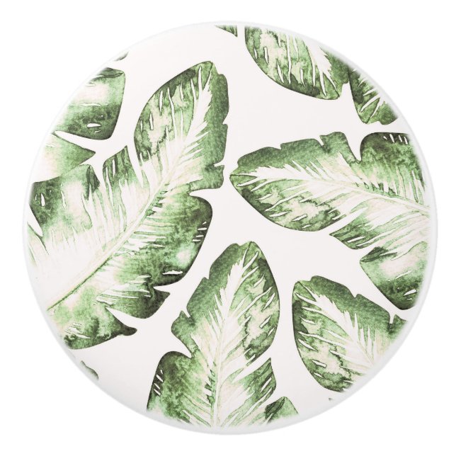 Bouton De Porte En Céramique Elégant blanc vert Tropical Beach Palm Feuilles (Devant)