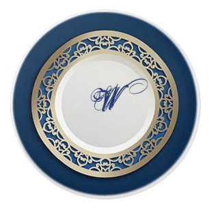 Bouton De Porte En Céramique Elégant bleu Cobalt avec bordure or Ornate