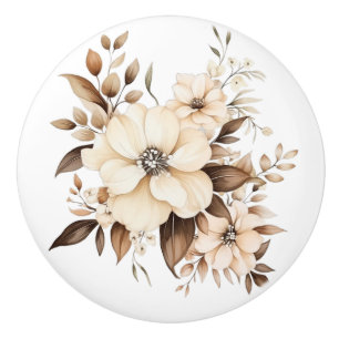Bouton De Porte En Céramique Élégant Bouton en Céramique Fleurs Beige Marron