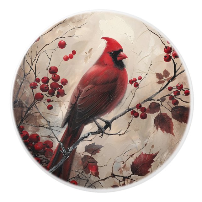 Bouton De Porte En Céramique Elégant Cardinal et Berries peinture faunique (Devant)