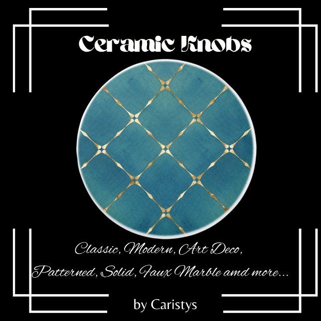 Bouton De Porte En Céramique Elégant Carrelage Turquoise Bleu & Or Carrés (Créateur téléchargé)