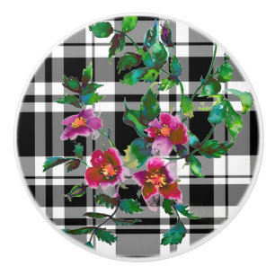 Bouton De Porte En Céramique Elégant classique rouge aquarelle floral noir blan