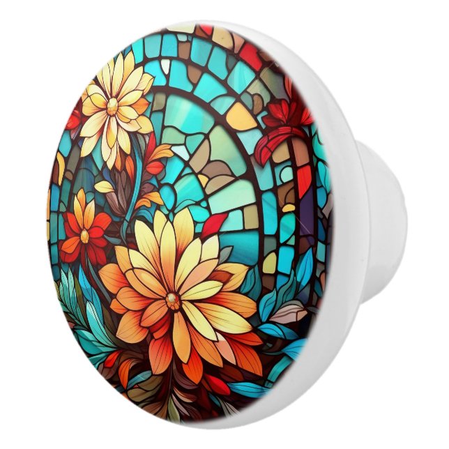 Bouton De Porte En Céramique élégant faux vitrail floral (Droite)