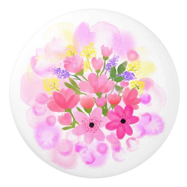 Bouton De Porte En Céramique Elégant Fleurs Aquarelles Roses Bleues (Devant)