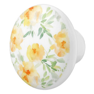Bouton De Porte En Céramique Elégant jaune pêche orange aquarelle fleurie