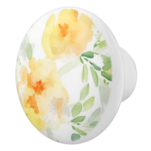 Bouton De Porte En Céramique Elégant jaune pêche orange aquarelle fleurie