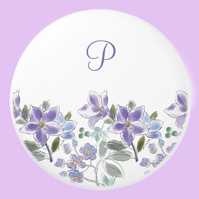 Bouton De Porte En Céramique Élégant Monogram Lilac Floral (Créateur téléchargé)