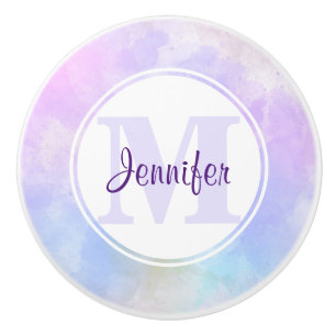 Bouton De Porte En Céramique Élégant Monogramme d'aquarelle bleu violet