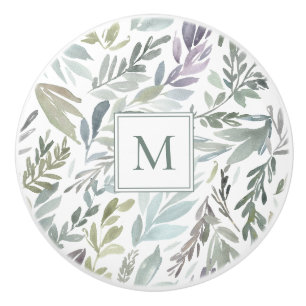 Bouton De Porte En Céramique Élégant Monogramme Vert Bleu Botanique Aquarelle