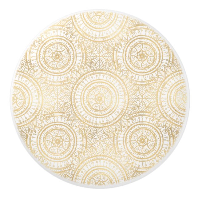 Bouton De Porte En Céramique Élégant Motif blanc de tournesol Mandala Gold (Devant)