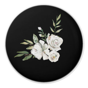 Bouton De Porte En Céramique Élégant noir avec tiroir à fleurs blanches